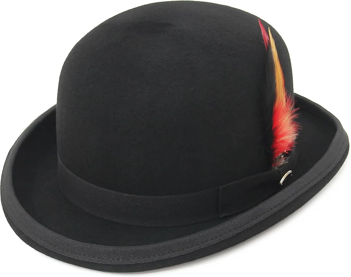 GEMVIE Chapeau Melon Derby Homme Laine avec Plume Chapeau Derby Noir doublé Satin
