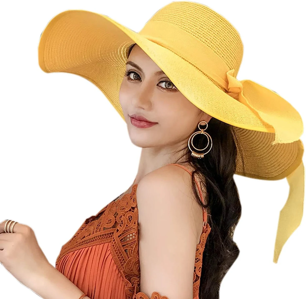 Elonglin Chapeau de Soleil en Paille à Bord Large pour Femme Capeline Pliable Décoration de Ruban Réglable pour Extérieur Plage Eté Anti-UV Respirant
