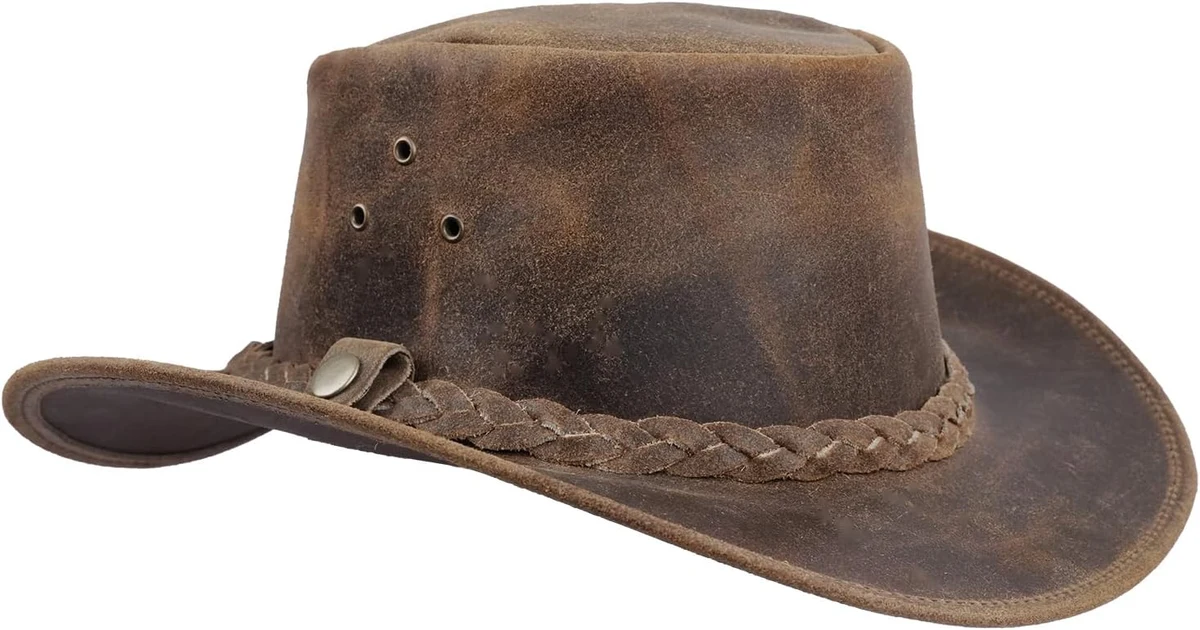 Leatherick Chapeau de Cow-Boy en Cuir véritable Style Western Aussie Crazy Horse avec mentonnière (2XL, Fou Tan Brun)