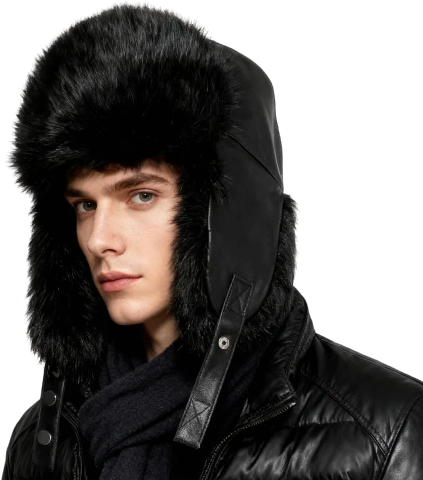 ITODA Homme Chapka Russe en Fausse Fourrure Chapeau Trappeur Hiver Chaud Bonnet Aviateur Doux Cache-Oreilles Coupe-Vent Bonnet de Ski Snowboard Confortable pour Voyage Camping Activités d'hiver