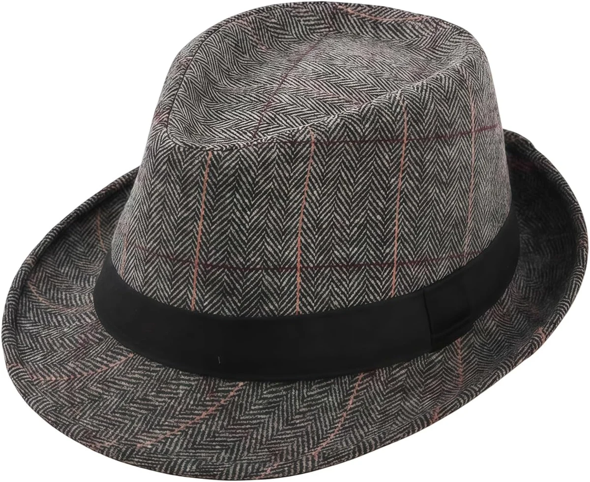 Upstore Chapeau classique à carreaux Manhattan structuré Gangster Trilby Fedora Style cubain Derby Casquette jazz