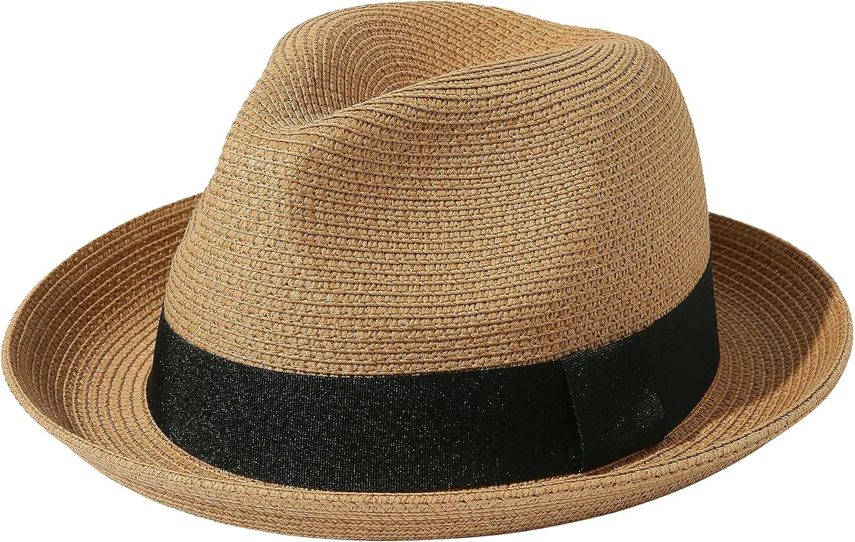 Lanzom Chapeau de paille pliable pour homme et femme, chapeau de soleil Fedora pour l'été, la plage, le soleil