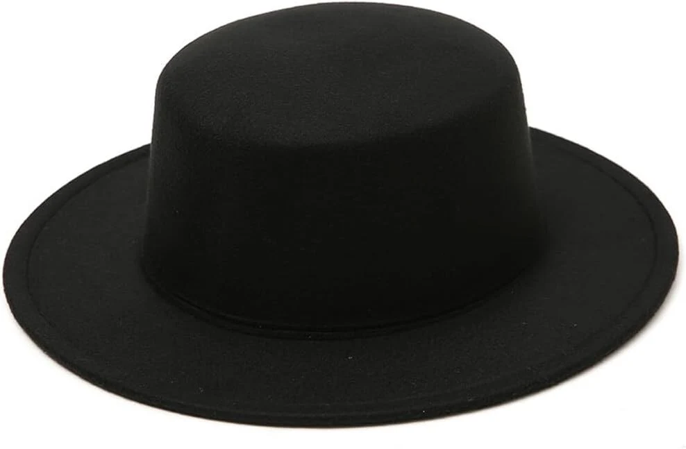 QUUPY Chapeau Fedora noir en laine mélangée à bord plat pour bowler style panama chapeau de jazz pour mariage talent performance unisexe