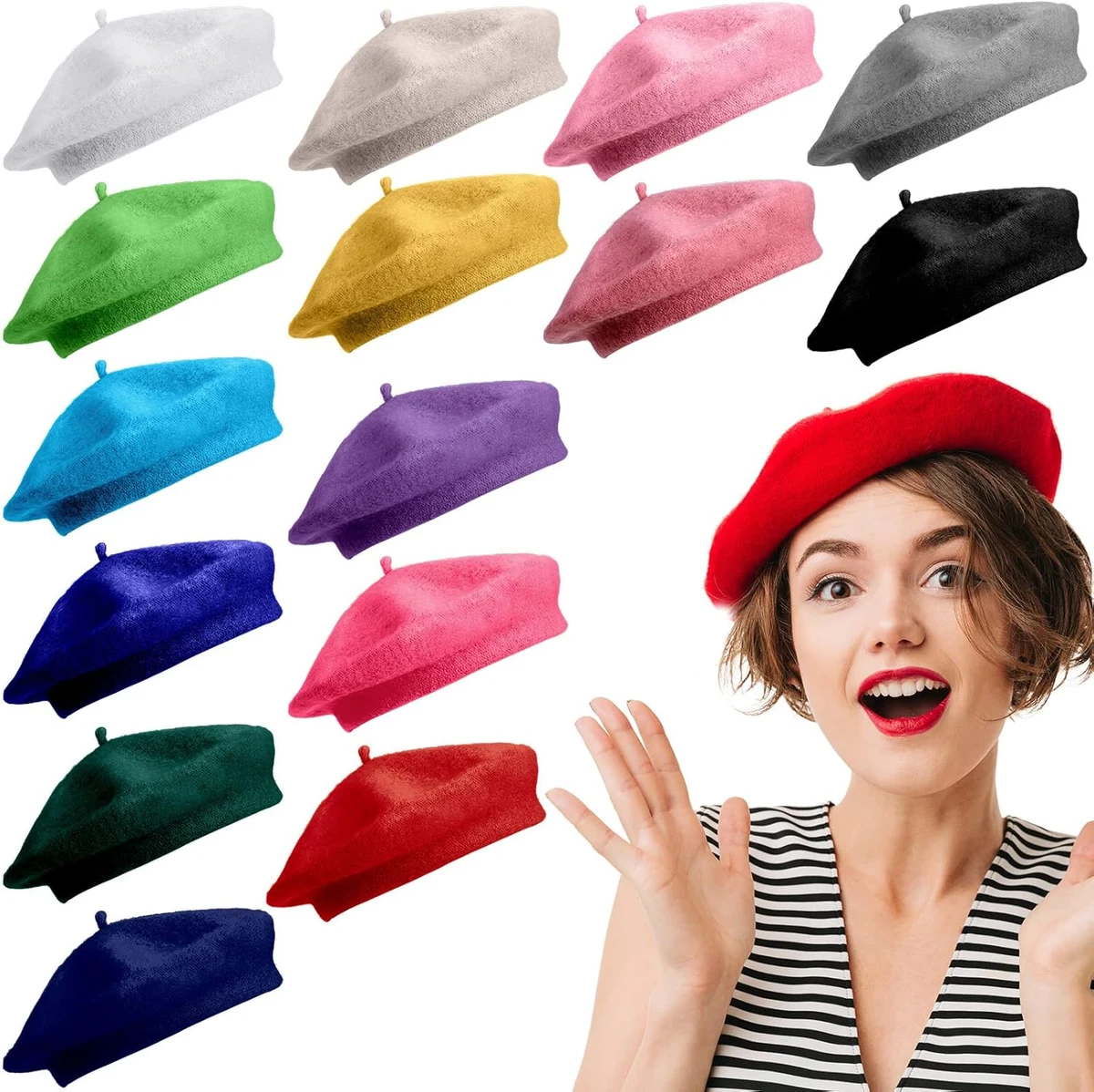 Lot de 15 bérets en laine pour femme - Couleur unie