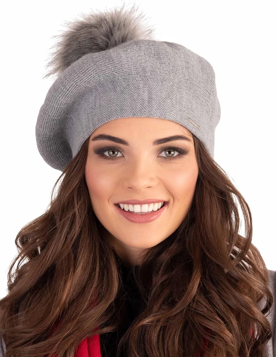 VIVISENCE Béret Femme pour L'automne Et l'hiver avec Pompon en Fausse Fourrure Tricoté en Laine Acrylique Doux Chaud Et Confortable Idéal Classique Et Élégant 7035