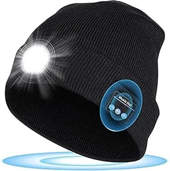 flintronic LED Bluetooth Bonnet Lumineux, Rechargeable USB Bluetooth 5.0 Unisexe Music Bonnet Chapeau avec 5LED Lampe Frontale Chaleureux Bonnet Tricoté Hiver pour Running Ski Randonnée Camping
