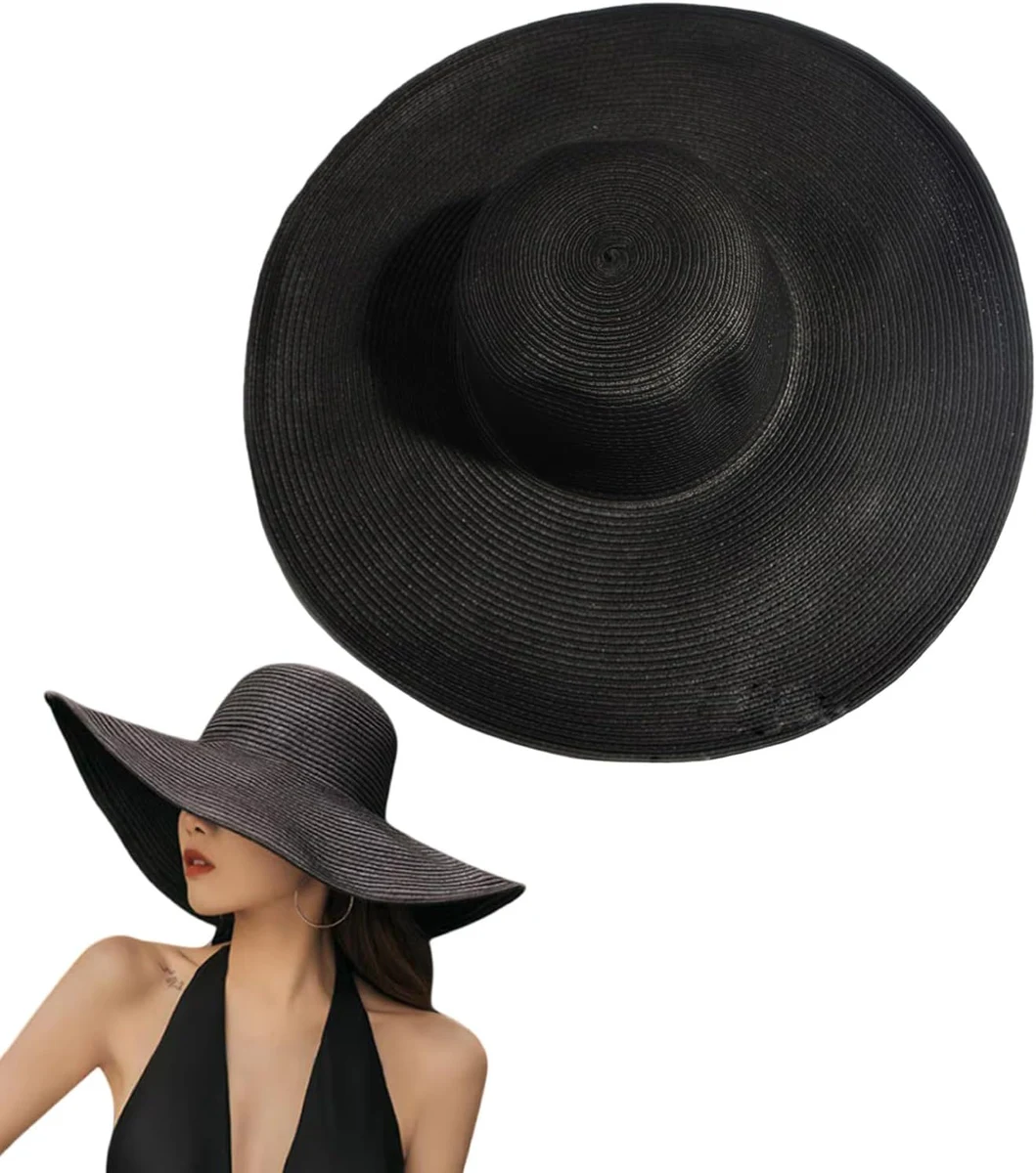 Chapeau de soleil pour femme - Chapeau de paille à large bord pliable - Chapeau de plage à grand bord - Chapeau d'été (noir)