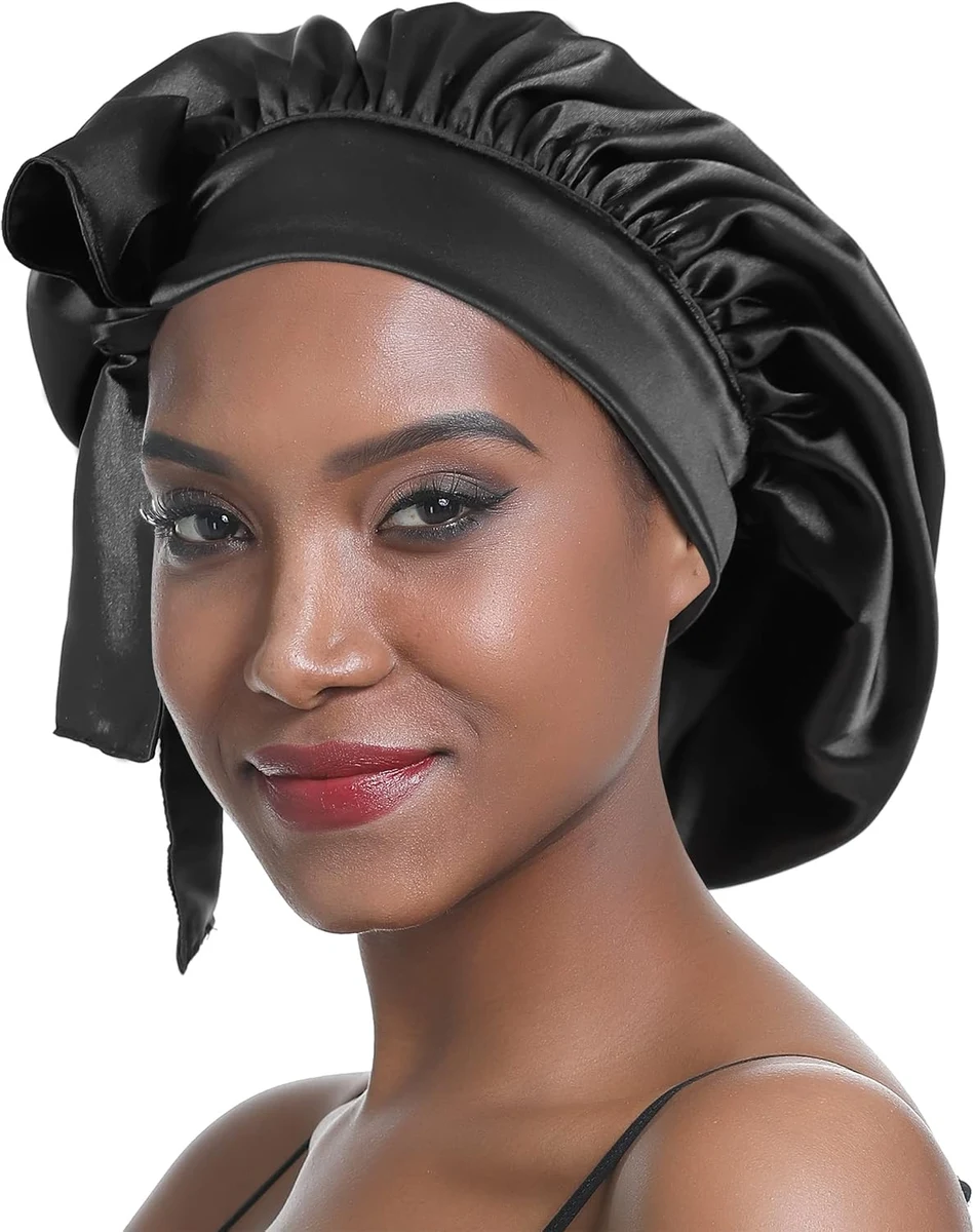 Bonnet de Nuit en Soie Femme aux Cheveux Bonnet en Satin Bonnet de Nuit Large Bande Soyeuse élastique à Double Couche pour Femmes Noires aux Cheveux Longs et bouclés