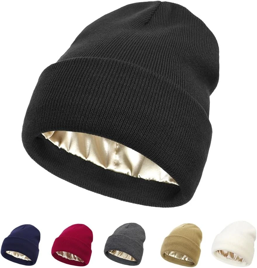 Bonnet d'hiver doublé de satin pour femme avec doublure en soie épaisse et motif tête de mort