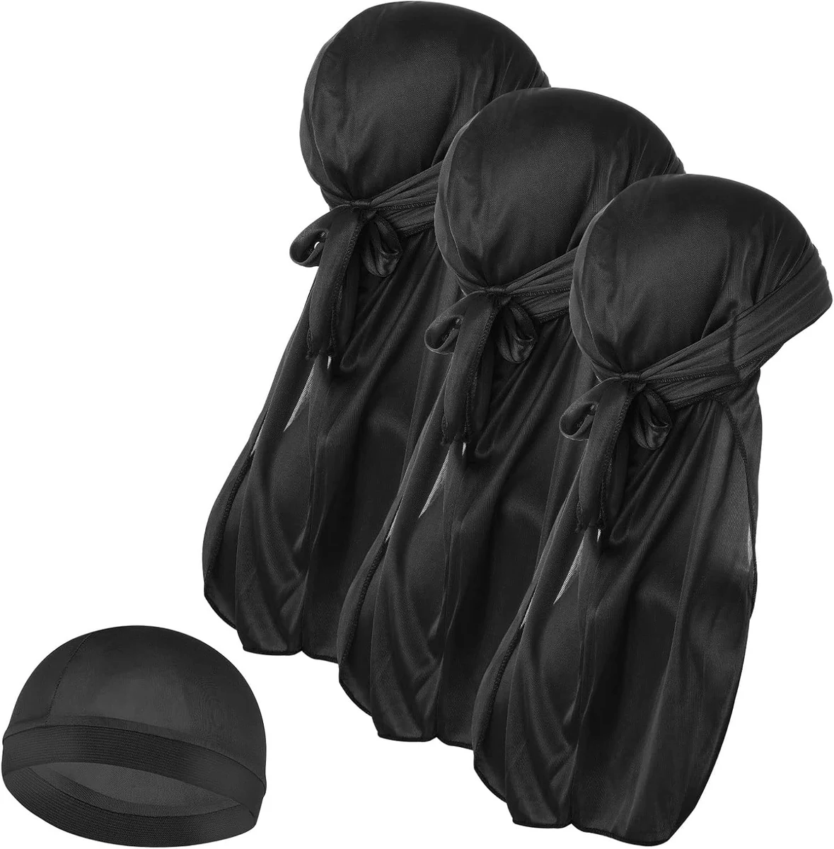Molain Lot de 3 Bonnets ondulés en Soie pour Homme et 1 Bonnet Durag Soyeux avec Longue Queue de Cheval élastique Doux Respirant ondulé Parfait pour Les Vagues à 360/720