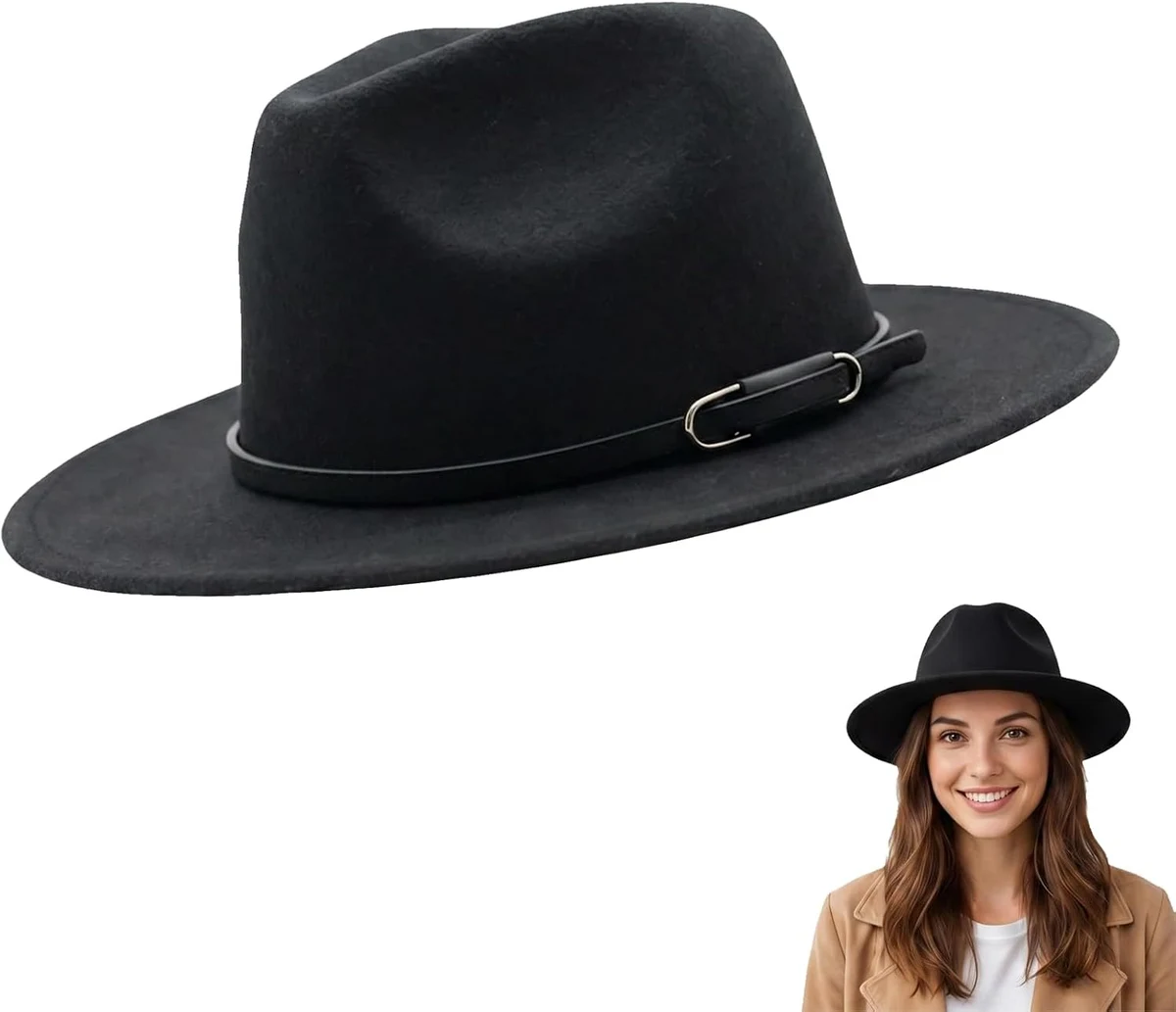 QUUPY Chapeau Style Fedora Manhattan, Style rétro, Unisexe, en Feutre Noir, Large Bord, avec Cordon, pour Voyage, Noir, M