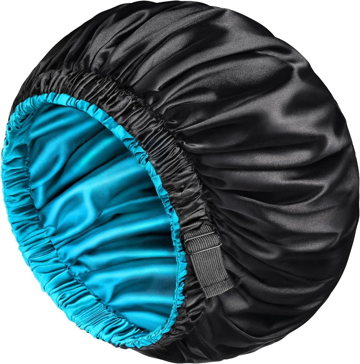 mikimini Bonnet en Satin pour Hommes et Femmes, Bonnet de Couchage Double Couche réversible pour Tresses de Cheveux avec Bande élastique réglable antidérapante Super Doux (XL, Noir/Bleu)