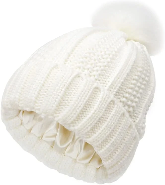 Bonnet Femme Hiver Chaud Bonnet Tricoté avec Pompon en Fausse Fourrure Épais Souple Tricot Chapeau Satin Doublé Protéger la Coiffure Mode Slouchy Bobble Beanie