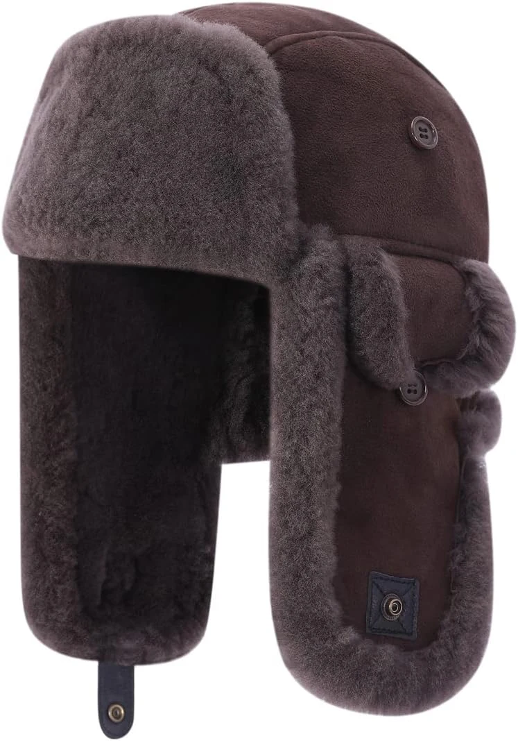 Harssidanzar Chapeau de Trappeur pour Homme Femme Chaud Hiver Chapka Bonnet Cuir Naturel Authentique d'aviateur Russe avec Volets d’Oreilles CU603EU