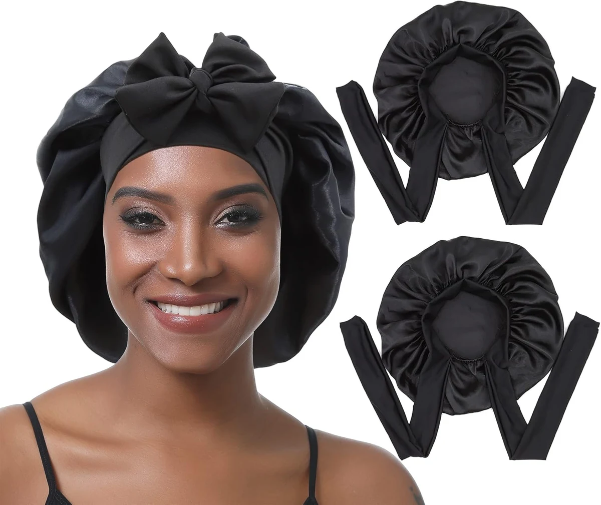 Bonnet en Soie pour Femmes - Cheveux Naturels et Bouclés - Taille Ajustable - Nuit