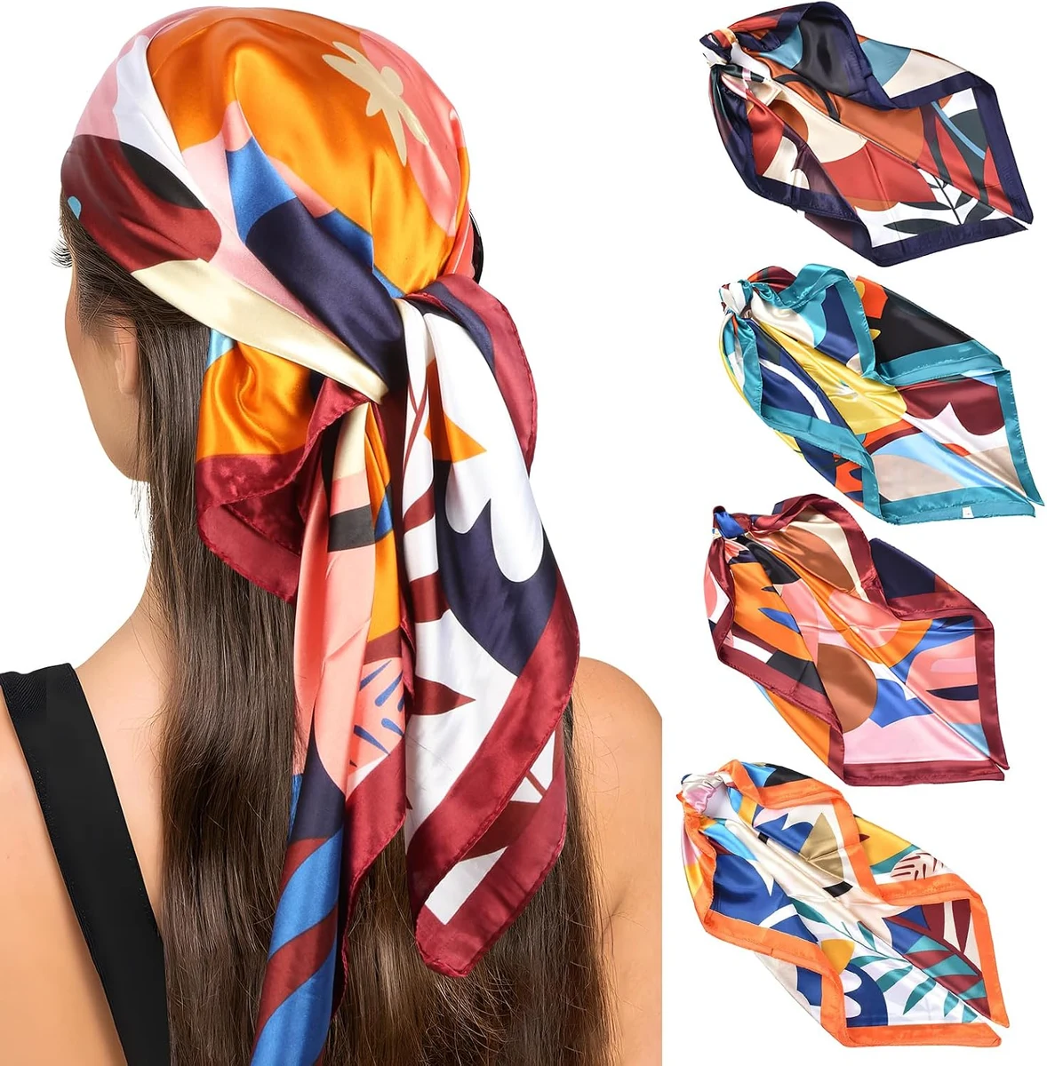 4 Pack Foulard Soie pour Femme, 90x90cm Bandana Cheveux Femme, Grand Foulards Satin, Accessoire de Cheveux éLégant, Multicolore