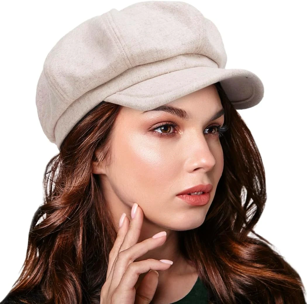 Femmes Octogonale Chapeau Couverture de Visière Vintage Laine Chauffeur de Taxi Béret