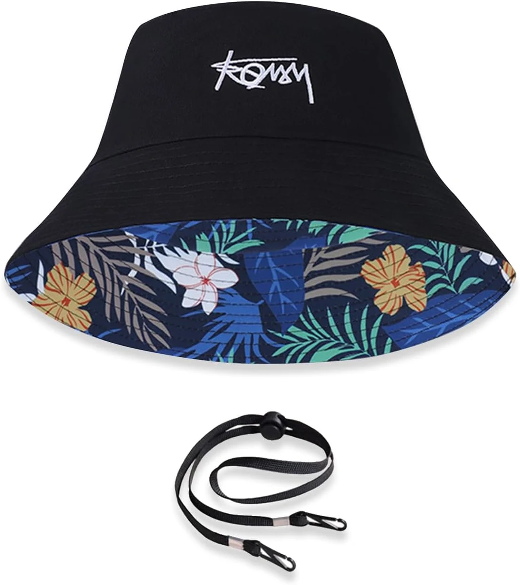 LumiSyne Chapeau De Pêcheur Réversible Unisexe Couleur Unie avec Lettres/Imprimé Style Hawaïen Bob Chapeau De Seau avec Jugulaire Détachable Pliable Coton Chapeau De Soleil pour Été Plage Voyage