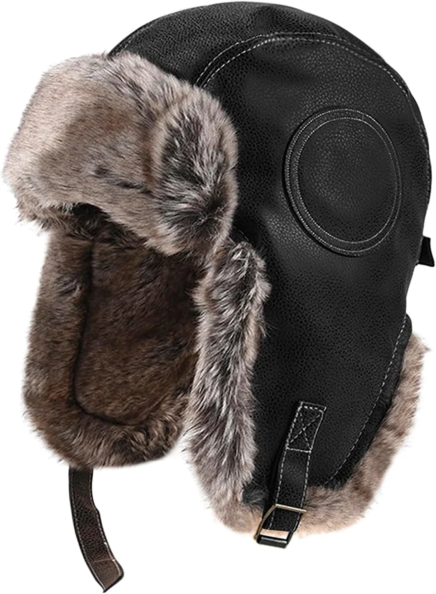 OhMill Chapka d'hiver en Cuir pour Homme Femme Chapeau Chaud Chapeau de Trappeur Bonnet Aviateur d'hiver Épaise avec Oreillettes en Peluche Anti-Vent pour Ski Extérieur