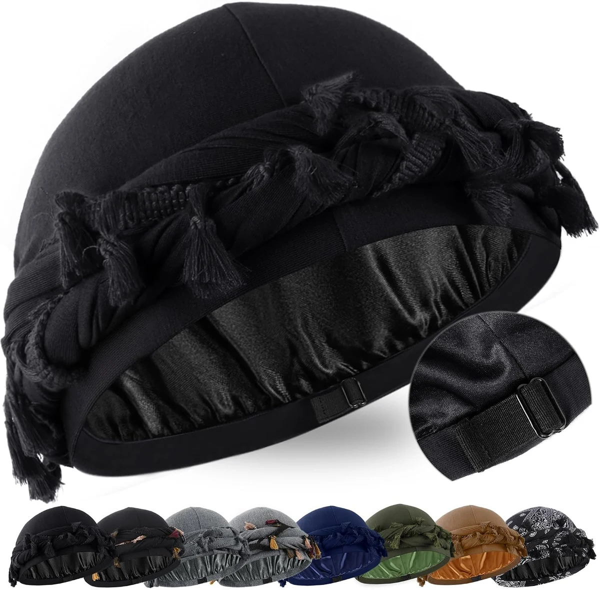 Babalet Halo Turban pour homme et femme doublé de satin Durag Tête de mort Bonnet pré-noué Pompons tressés Bonnet vintage torsadé
