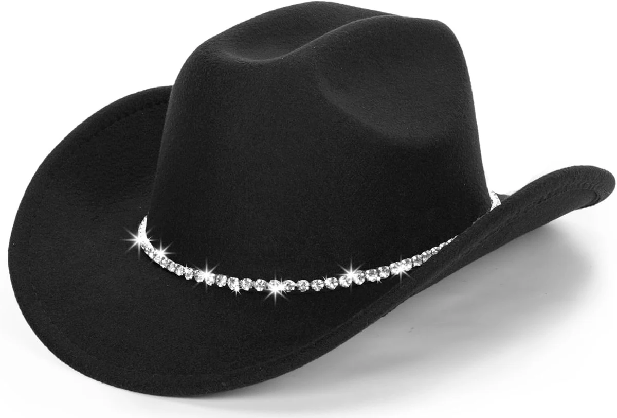Chapeaux de Cowboy Classiques en Feutre pour Femmes-Hommes Fedora-Jazz avec Ceinture Noir (Lagre), Noir avec Diamant, Taille L