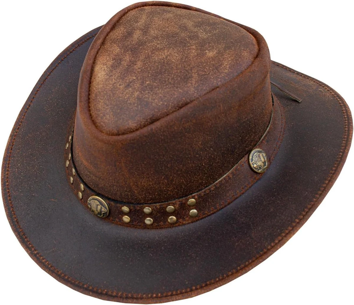 Chapeau western de cowboy en cuir marron pour homme et femme, chapeau steampunk clouté en feutre pour Halloween