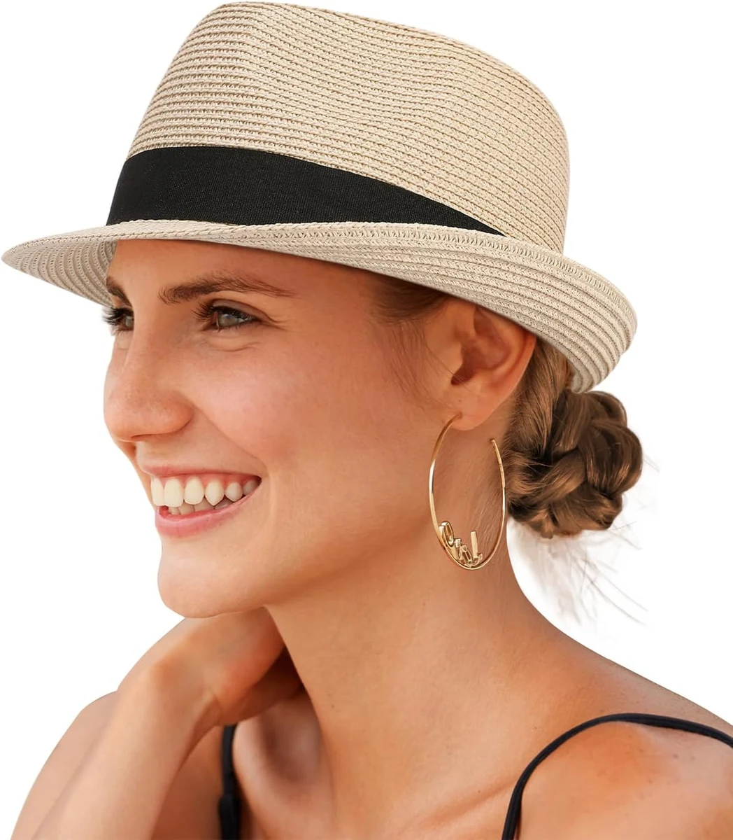 Creekstone Chapeau de Soleil Fedora en Paille pour Homme et Femme à Bord Court Panama Trilby Chapeau Été de Plage Pliable UPF 50+