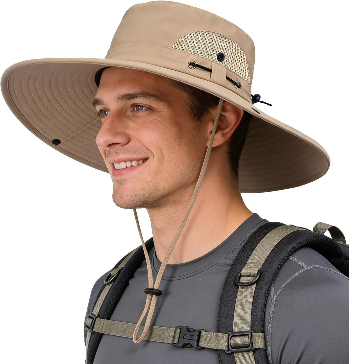 ehsbuy Mesh Chapeau Boonie Homme Large Bord Chapeau de Soleil Imperméable Chapeau Randonnée Safari Respirant Pliable avec Mentonnière Réglable Bob pour Chasse Pêche Camping
