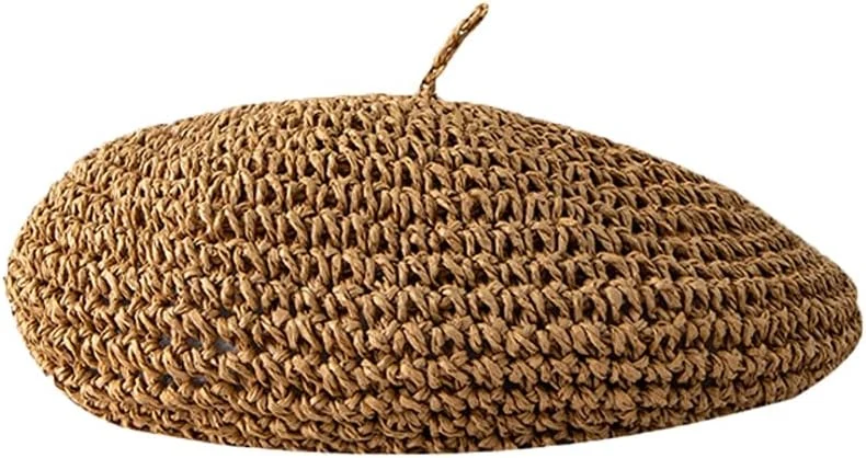 Béret en tricot pour femme, béret à la mode française, béret d'été en paille Bennie pour femme, béret au crochet
