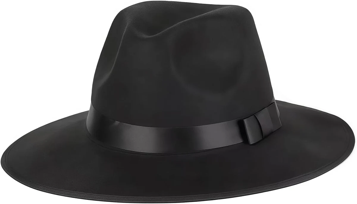 VASANA Chapeaux Fedora Noirs à Large Bord Panama avec Nœud Papillon - Chapeau en Feutre pour l'Hiver - Chapeau Floppy Jazz Unisexe pour Performance, Fête, Spectacle, Mariage, Vie Quotidienne (56~58CM)