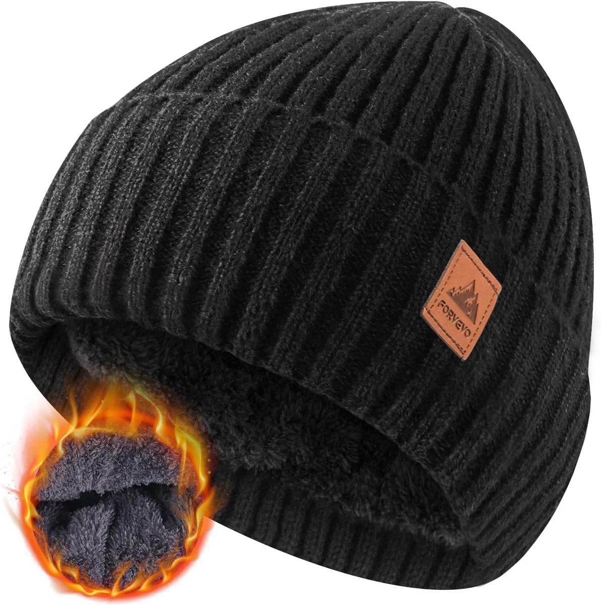 FORVEVO Bonnet Homme Femme Hiver Chaud, Doublure Polaire Classique,Bonnet Court Tricot Extensible, Bonnets Douillet sans Rebord