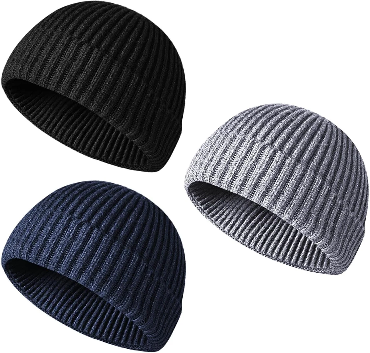 Bonnet Homme, Bonnet Tricoté, 3 Pièces Bonnets Homme Hiver, Taille Unique, Ultra Épais et Doux, Unisexe, Chaud pour l'hiver(Noir, Gris Clair, Bleu Foncé)