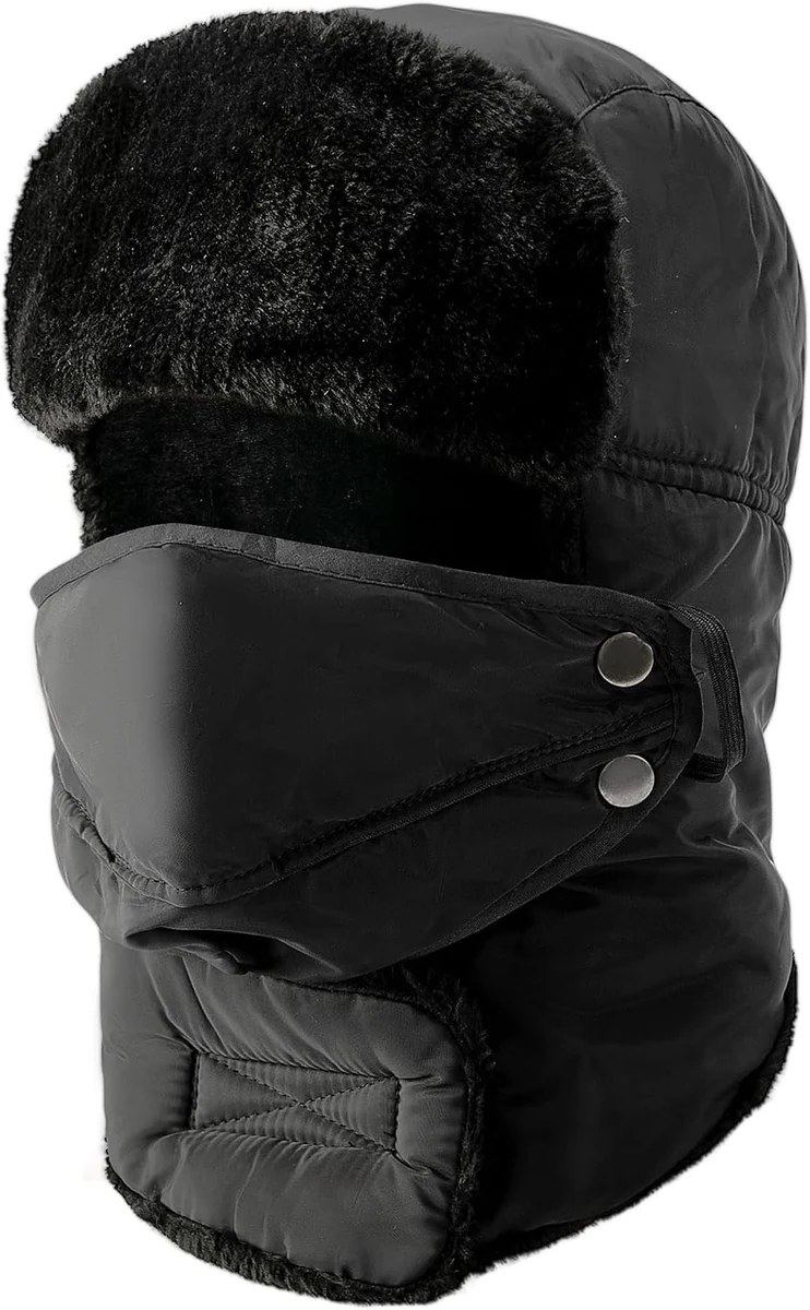 Bonnet d'hiver avec cache-oreilles - Bonnet de trappeur - Unisexe - Bonnet russe - Bonnet d'aviateur en fourrure synthétique - Coupe-vent - Amovible - Pour le ski, le patinage et autres activités de