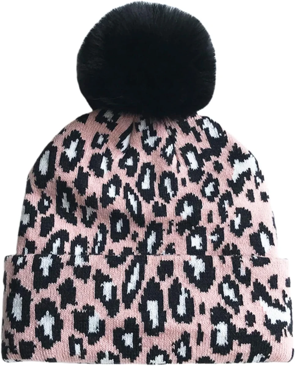 Bonnet Pompon Femme,Bonnet Femme Hiver Chaud,Double Couche Léopard Bonnet Laine Femme,Cadeau Noel Femme