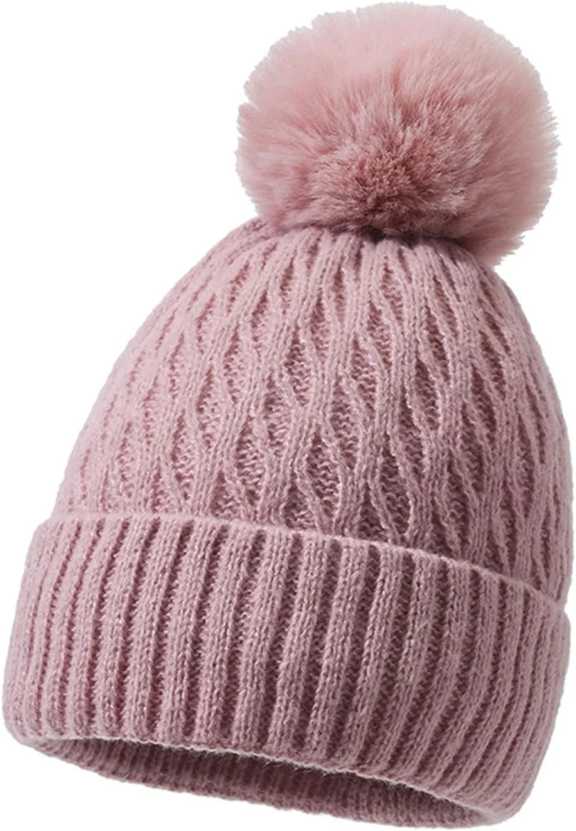 Bonnet d'hiver pour Femme, Bonnet Chaud en Tricot torsadé avec Doublure en Polaire Thermique, Chapeau à Pompon pour l'extérieur, Le Ski en Plein air, Chapeau en Laine