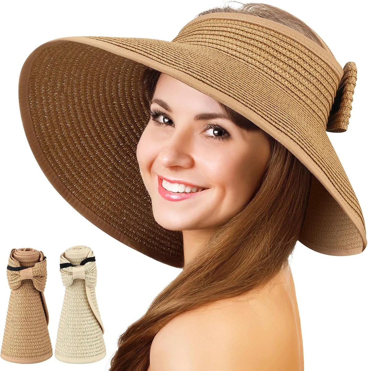 Lot de 2 Femmes Chapeaux, Visière d'été Paille Pliables, Pare-Soleil à Large Bord en Paille pour Queue de Cheval Chapeau de Plage
