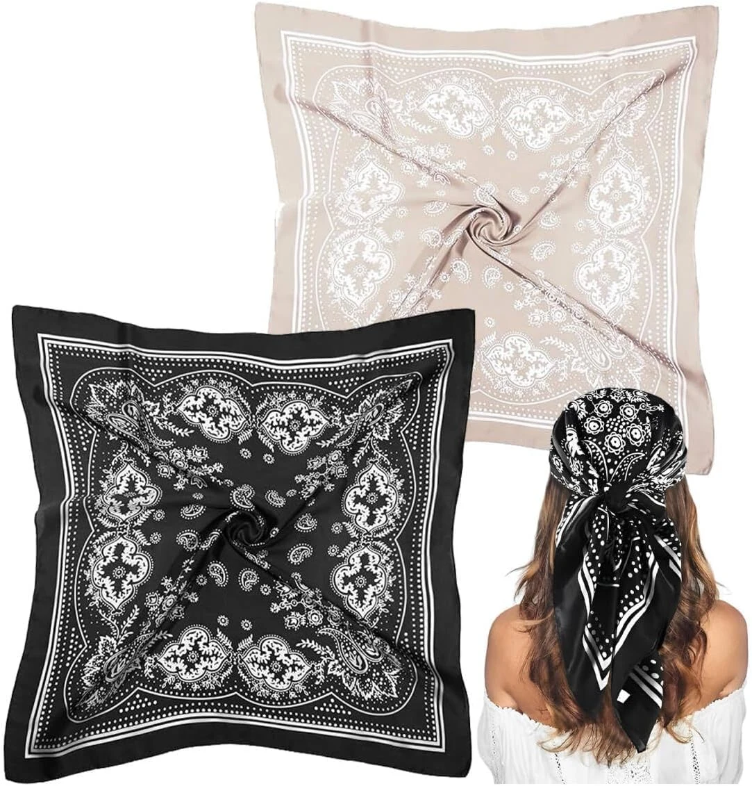2 Pièces Foulard Soie, 70 x 70 cm Foulard Cheveux, Imitation Soie Femmes Grand Foulards Carrés, Noir et Camel Foulards Bandana, pour Vêtements, Cou, Tête