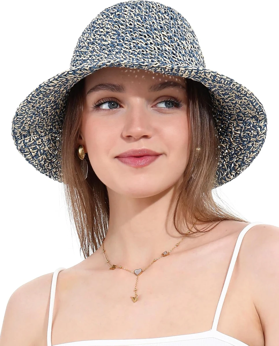 soul young Chapeau de Soleil Femme en Paille Tressée Large Bord Reversible Plage Bob Pliable Été Voyage Protection UV UPF50+