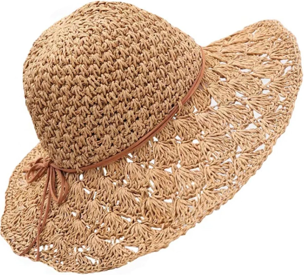 Chapeau de Soleil, Chapeau de Paille Femmes, Chapeau Bohême Été, Protection UV, Pliable, Large Bord, Taille Réglable, Couleur du Café