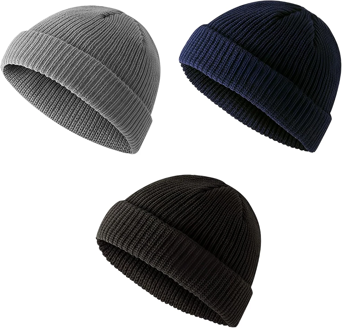 3 Pièces Bonnet de Trawler,Casquette de Crâne à Revers Bonnet Unisexe d’Hiver de Pêcheur,Hiver Watch Cap en Manchette Tricot