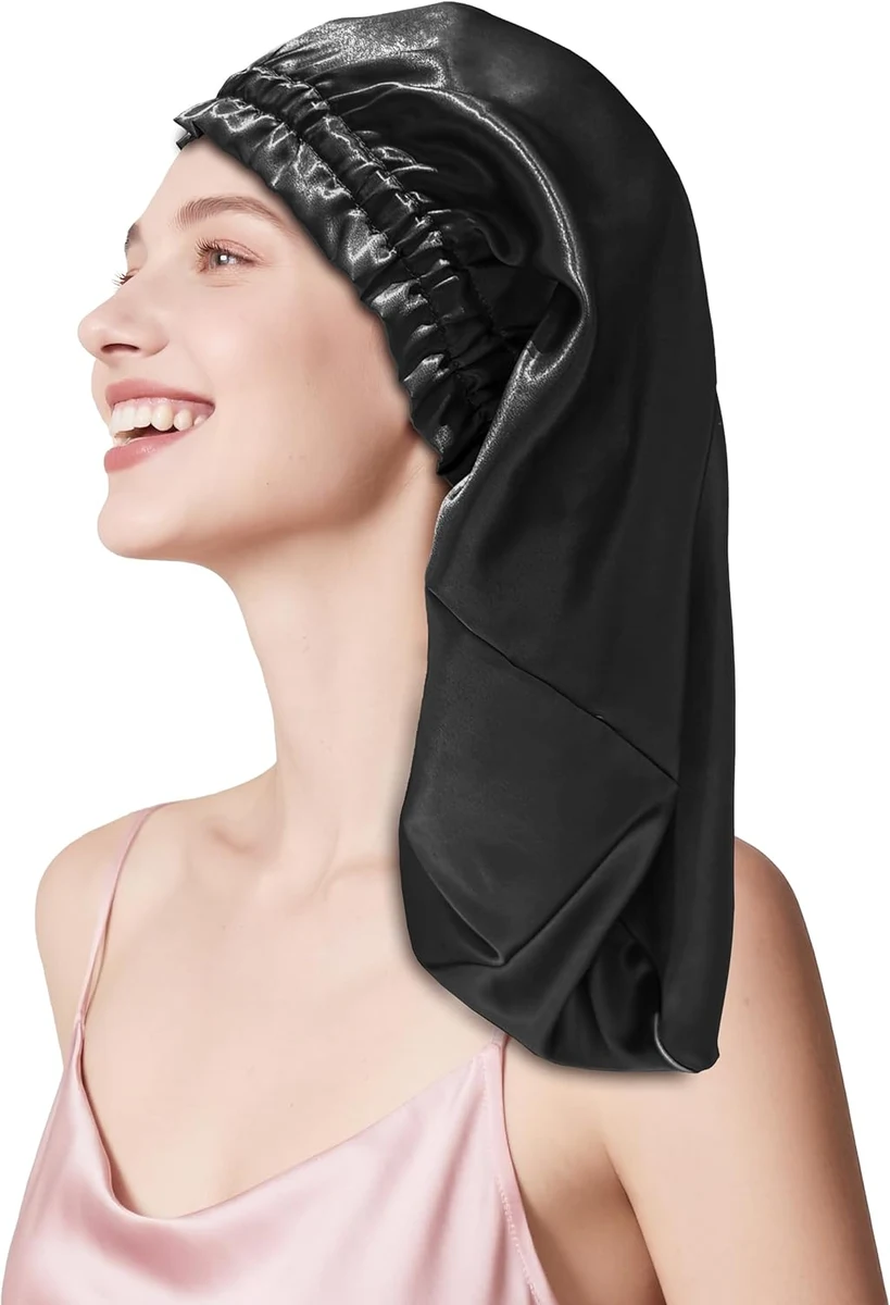 townssilk Bonnet de nuit en soie, 100% mûrier 22 momme, pour femme, luxueux, respirant, tient bien toute la nuit & sans pression, idéal pour cheveux longs et bouclés – Black 58cm