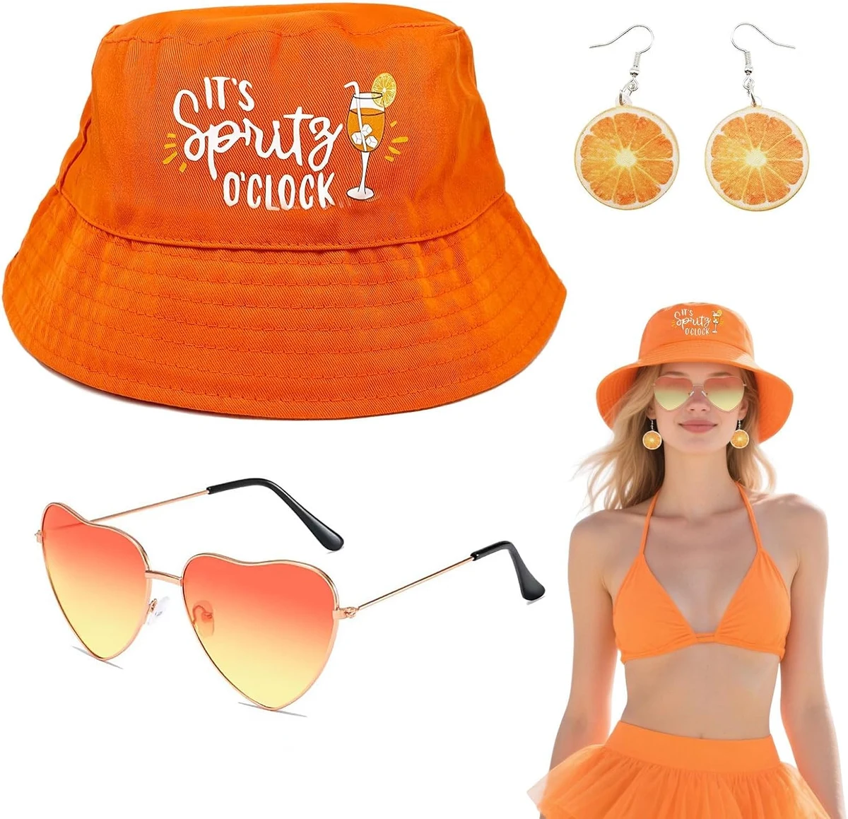 Lot de 3 bobs orange pour femme avec lunettes de soleil en forme de cœur, chapeaux de soleil d'été pour pêcheur pour homme et femme, protection UV, chapeau d'été, casquette de plage