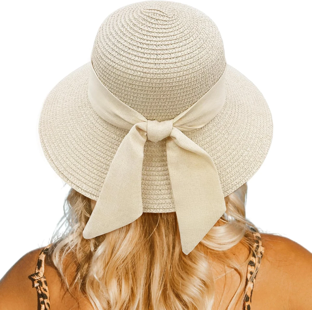 Chapeau de Soleil de Plage pour Femmes, Chapeau de Paille Pliable Large Bord, Bowknot Chapeau d'été pour la Plage Vacances Voyage