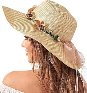 BelleVive Chapeaux de Plage pour Femmes, Chapeau de Soleil en Paille à Large Bord pour Femmes, Chapeau de Soleil avec Protection UV 50+, Chapeau Pliable pour Vacances d'été