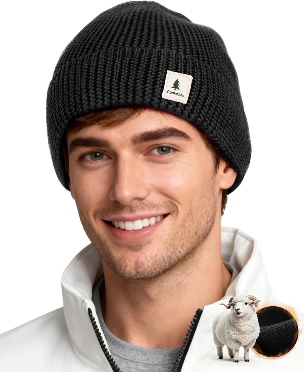 Bonnet en Laine Hiver Chaud pour Homme et Femme, Doublure Polaire, Tricot Douillet sans Rebord