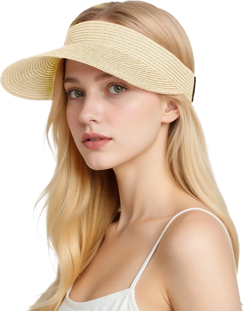 Chapeau de Soleil Femme Paille Ete UPF 50+ Pliable Visor Cap | Chapeau Femme Grand Brim Plage Chapeaux De Paille, Protection UV, Réglable, Chapeaux pour Vacances Pique-niques Voyages