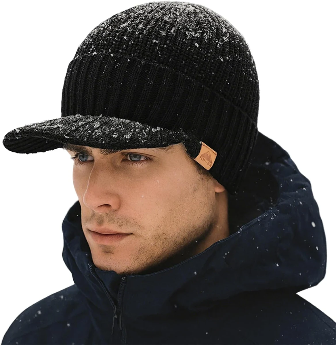 TOP-EX DryKnit Bonnet d'hiver en laine mérinos imperméable pour homme avec visière et doublure polaire