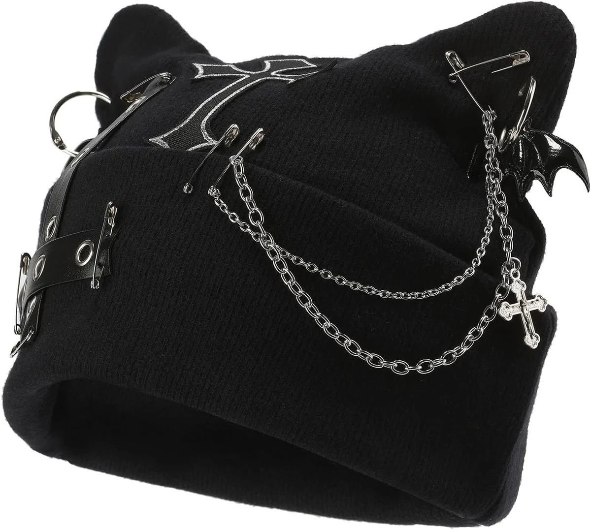Goth Cat Beanie, bonnet Goth accessoire punk avec oreilles de chat pour femmes, bonnets Y2k grunge gothique tricotés streetwear, bonnet femme avec chaîne, pour festivals, streetwear