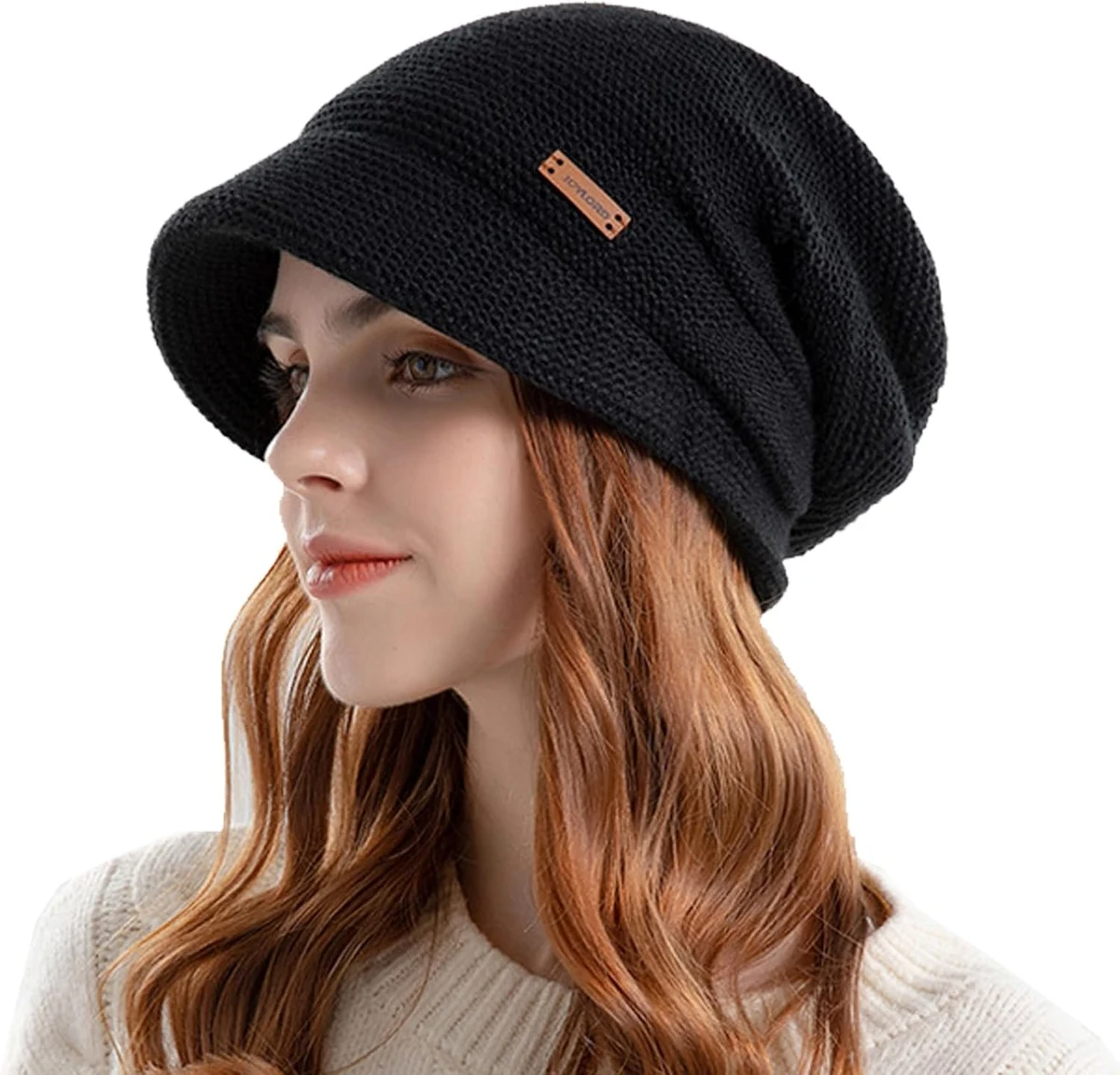 TYXHXTF Bonnet Hiver pour Femme, Tricoté Chaud Chapeau d'hiver à visière, Doublé en Polaire avec Bord, Chapeaux Fashion pour Temps Froid Sports de Ski Camping (Noir)