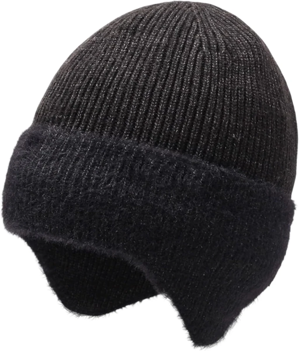 Tricoté Beanie Bonnet avec Cache Oreilles, Casquettes Homme d'hiver Tricoté Polaire Bonnets Élastique, Tricot oreillette Chapeau pour Homme et Femme, Épais Chaud Polaire pour l'hiver en Plein air